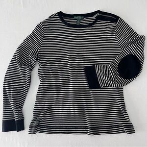 LRL Lauren Jeans Co RALPH LAUREN Black/White Stripes Sleeves Patch Shoulder Zip